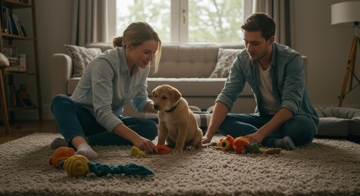 Young couple welcoming a new puppy at home with cozy dog bed and toys.