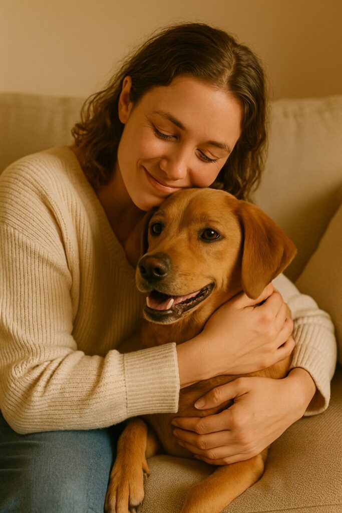 Dog owner hugging their happy dog on a sofa in warm indoor light.