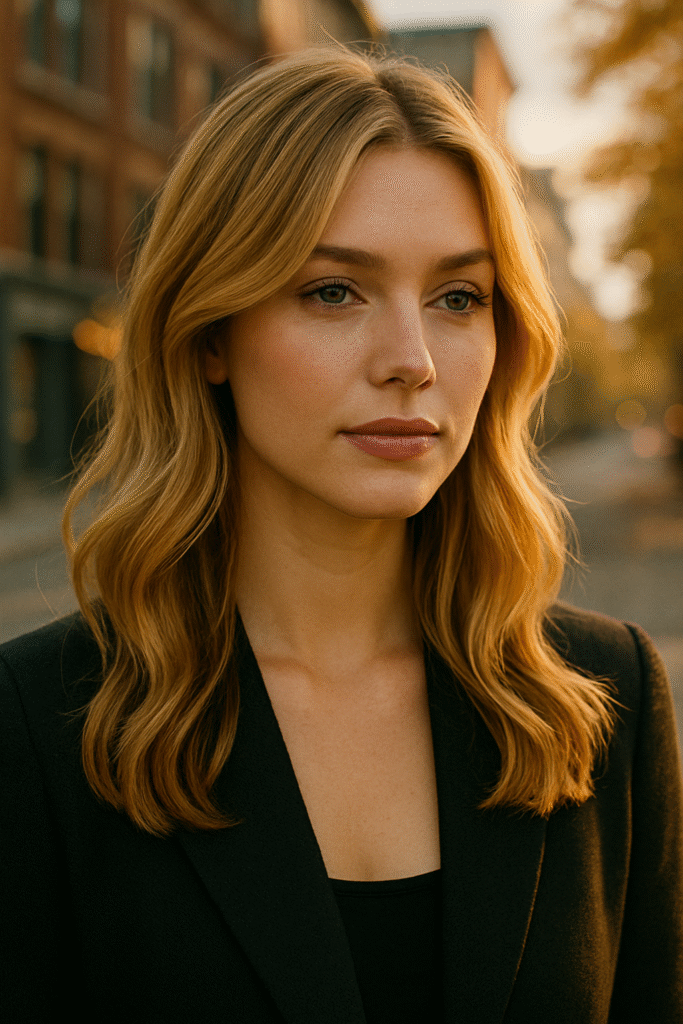 Honey blonde hair styled in soft waves with golden autumn background.