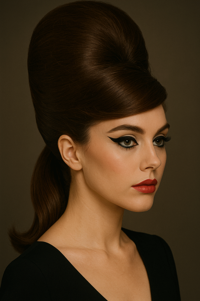 Glamorous woman with 1960s retro beehive updo and sleek ponytail, dramatic makeup