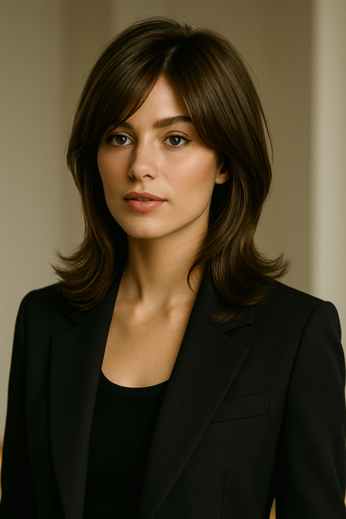 1990s-inspired layered haircut with glossy volume and bounce.