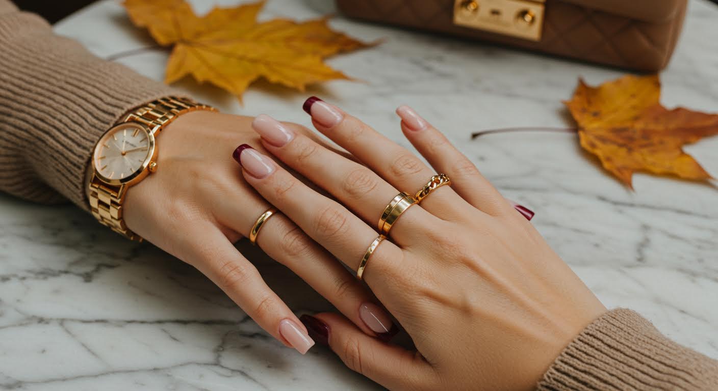old money nails cover photo, classic French tips, burgundy and nude manicure with gold rings