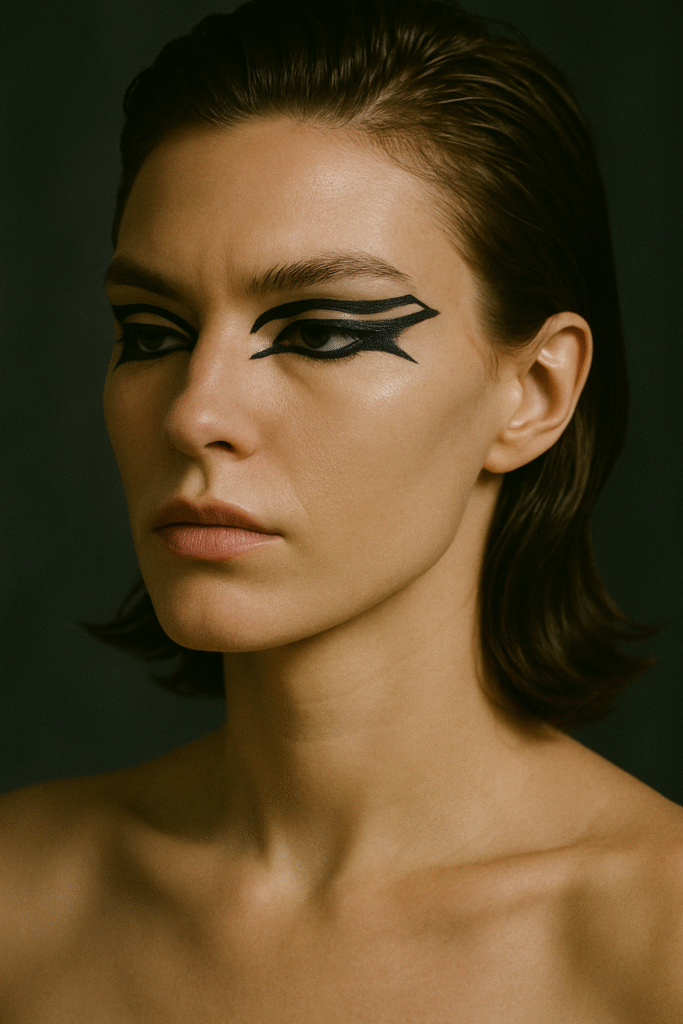 High-fashion soft grunge makeup with abstract black eyeliner design and nude lips, edgy grunge makeup aesthetic.