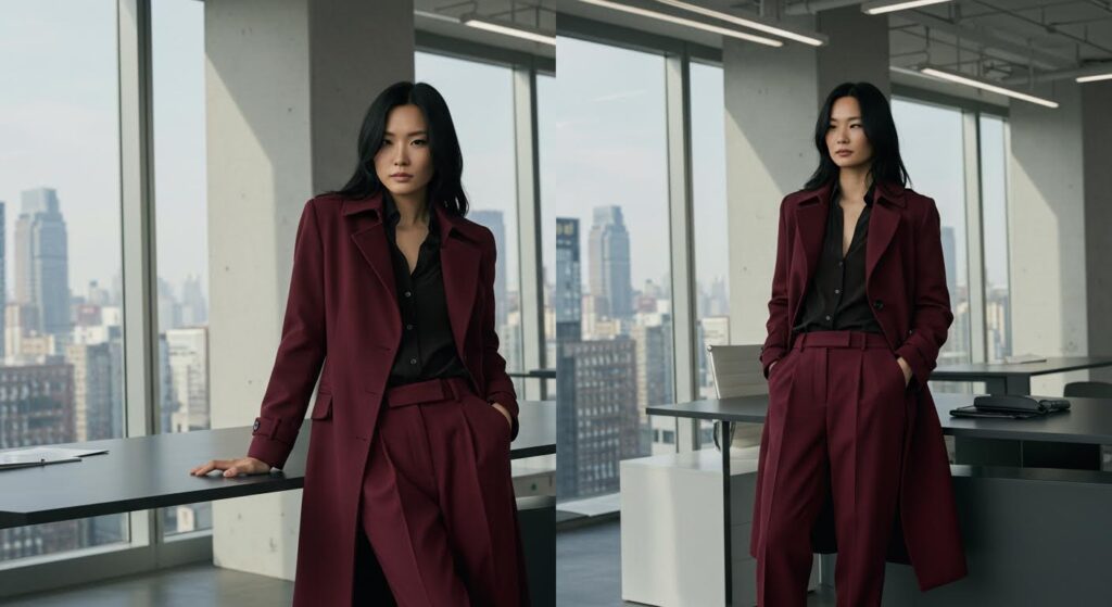 burgundy trench coat with matching trousers, monochrome fall office outfit