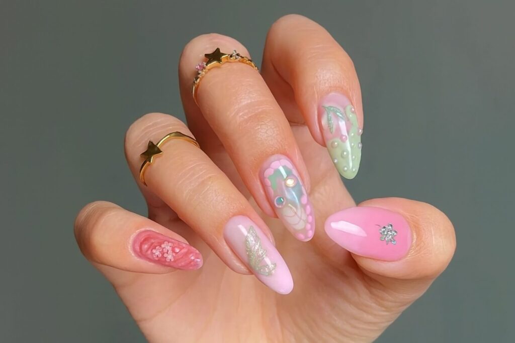 Pink and green manicure with 3D detailing and pearl accents for a royal nail look