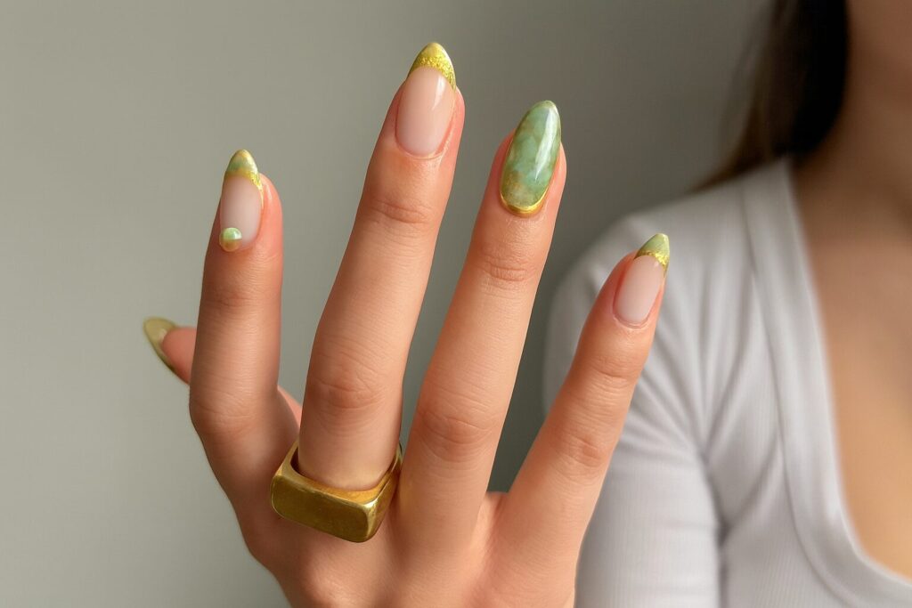 3D cherry blossom nail art in pink and green shades with gold leaf accents.