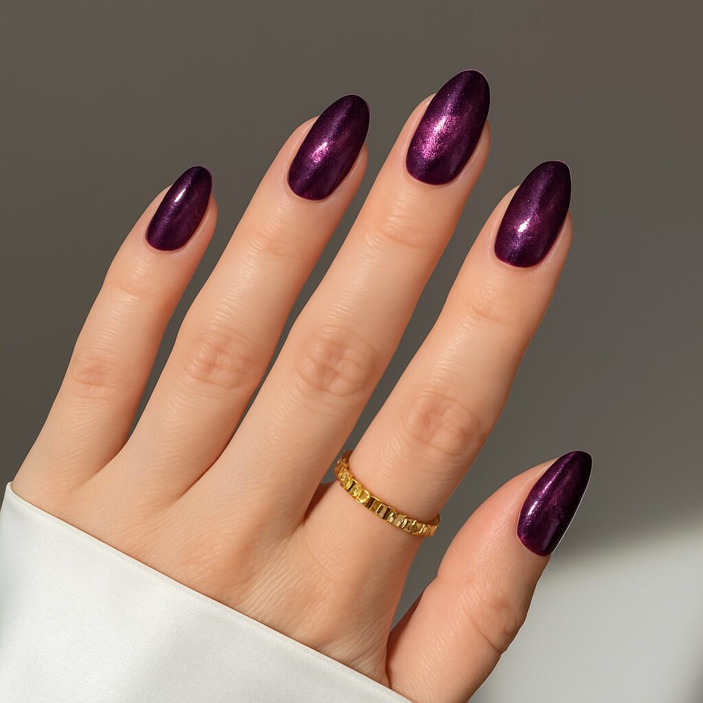 Almond-shaped mystical marble nails in metallic purple with velvet shine.