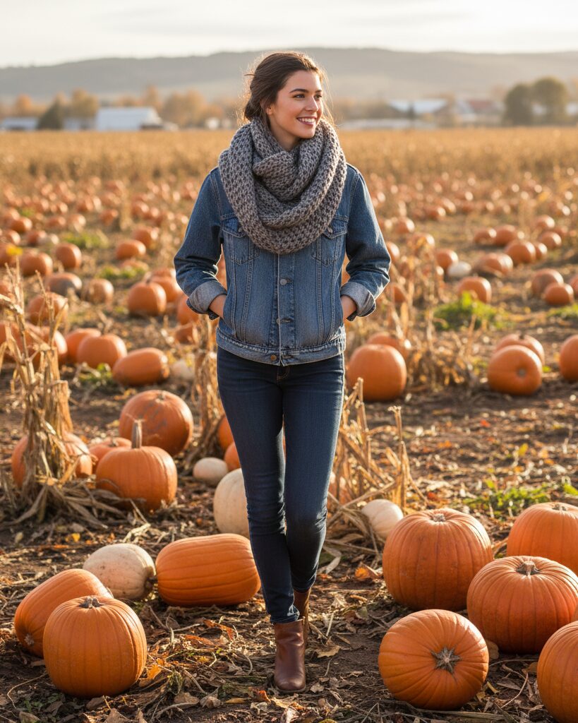 American girl in denim jacket and oversized scarf in pumpkin patch.