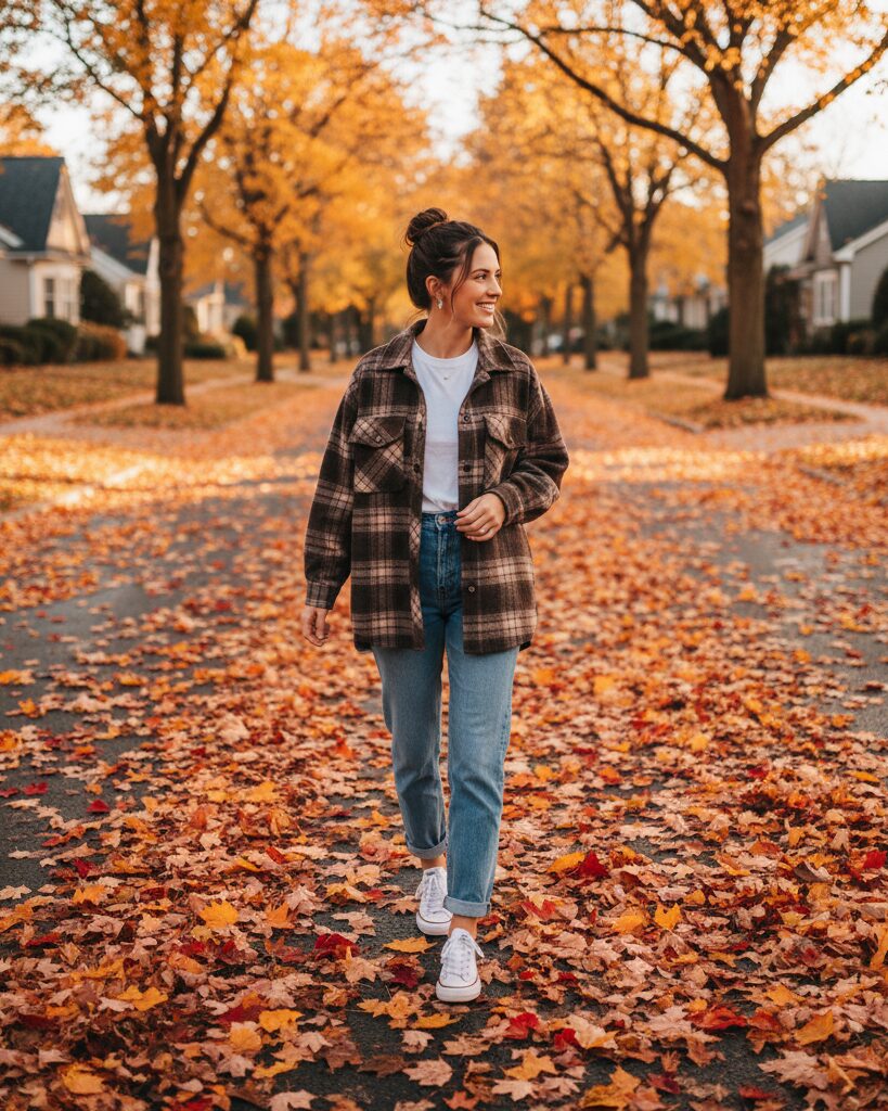 American girl wearing plaid shacket with jeans on cozy fall day.