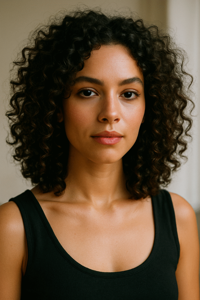 Voluminous natural curls styled at collarbone length with glowing skin