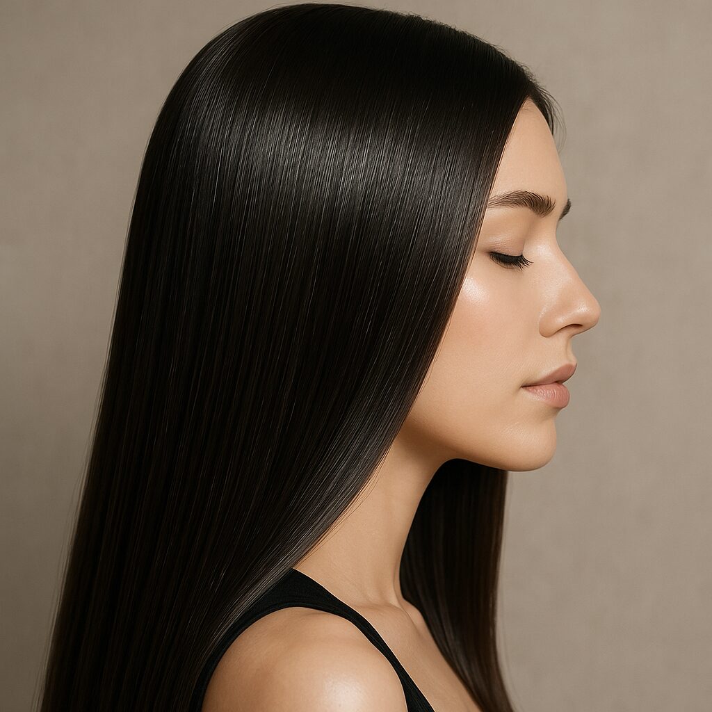 Back view of woman with perfectly sleek glass hair.