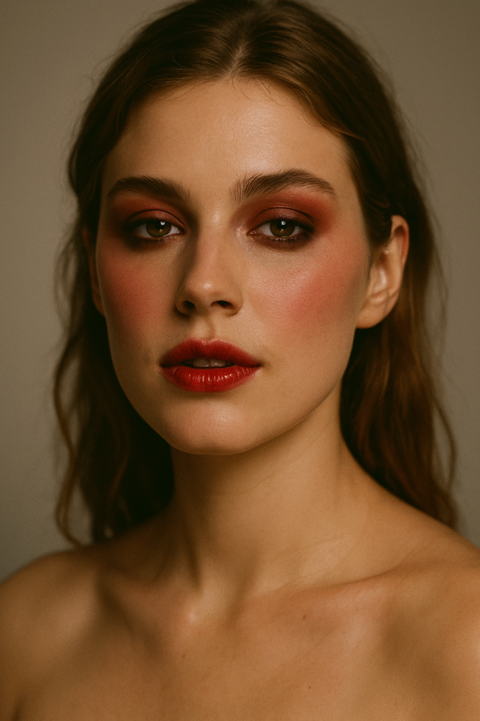 Soft grunge bitten flush look with red smoky eyeshadow, rosy cheeks, and bitten cherry lips, gothic glam inspiration