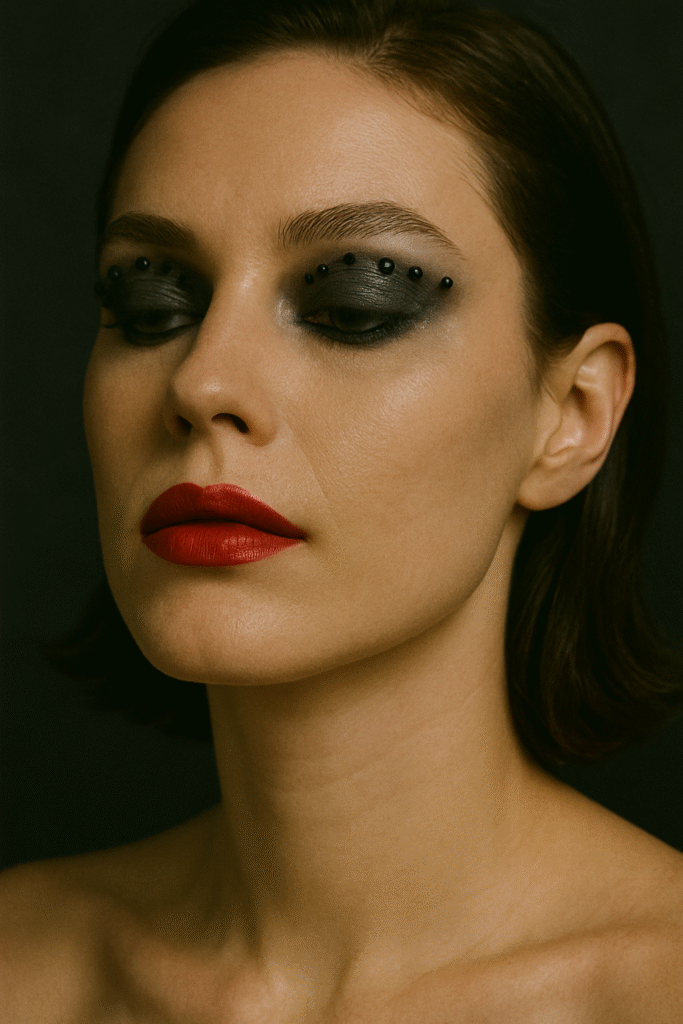 Soft grunge makeup with black rhinestone eye accents, shimmering shadow, and bold red lipstick, rocker glam style.