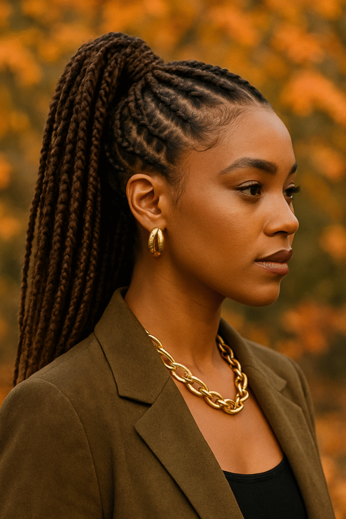 Woman with boho goddess braids styled into a high ponytail with gold accessories.