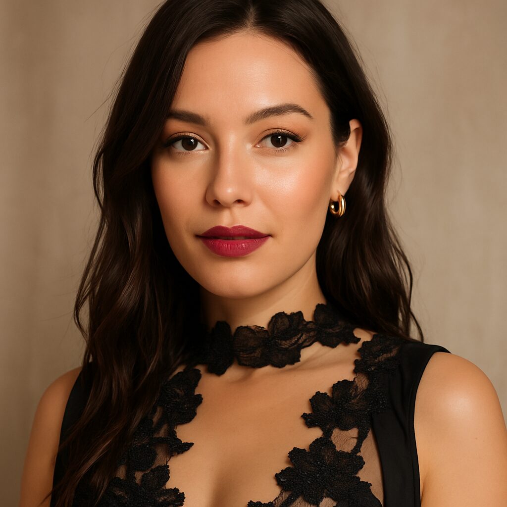 Woman with minimal vacation makeup and bold crimson red lipstick for a statement look