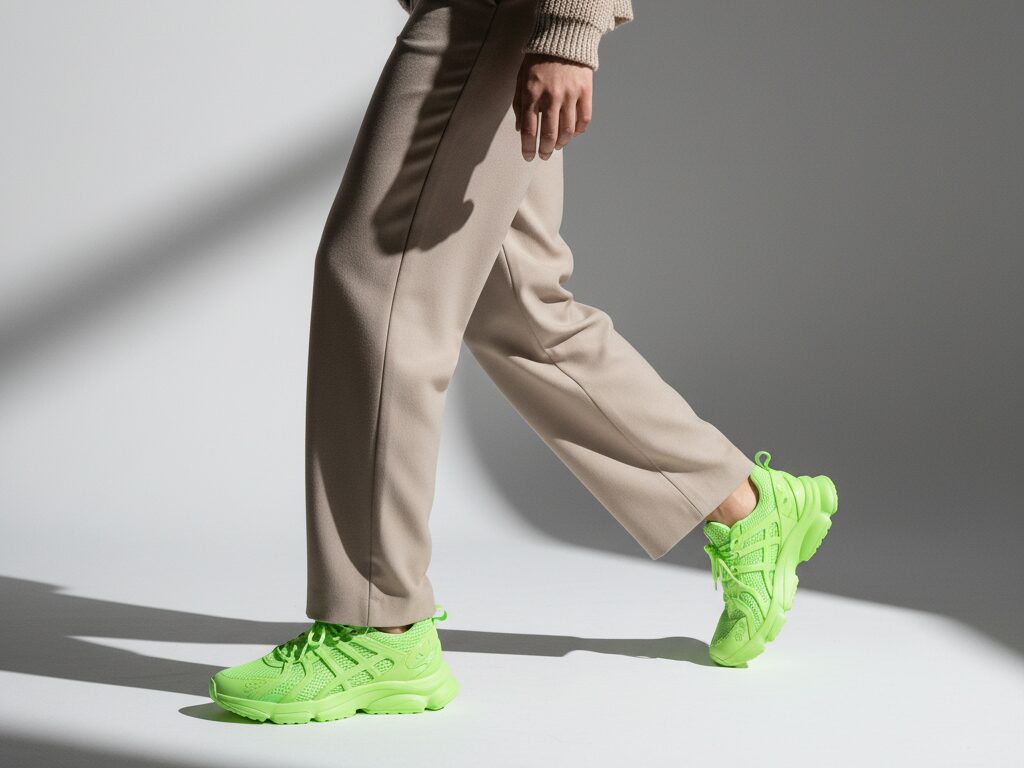 Bright neon green sneakers styled with neutral outfit, cinematic fashion studio photo with dramatic shadows.
