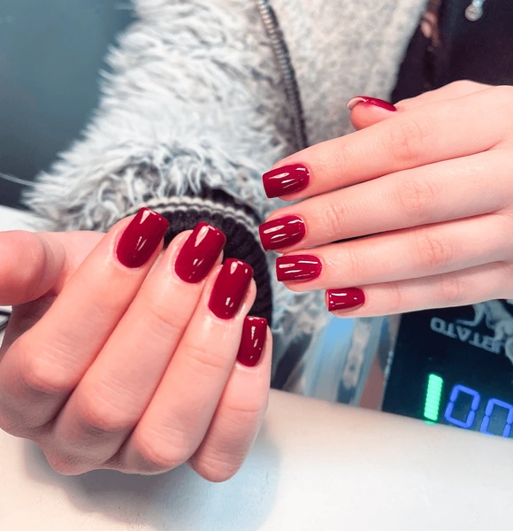 burgundy red almond nails, rich old money manicure with luxury handbag