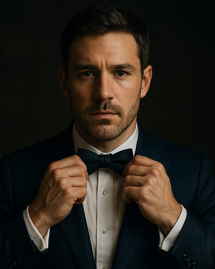 Man in a midnight blue tuxedo adjusting his bow-tie, cinematic fashion portrait