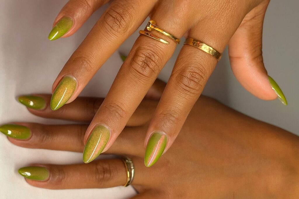 Shimmery cat eye manicure with pistachio green and soft pink princess cake colors