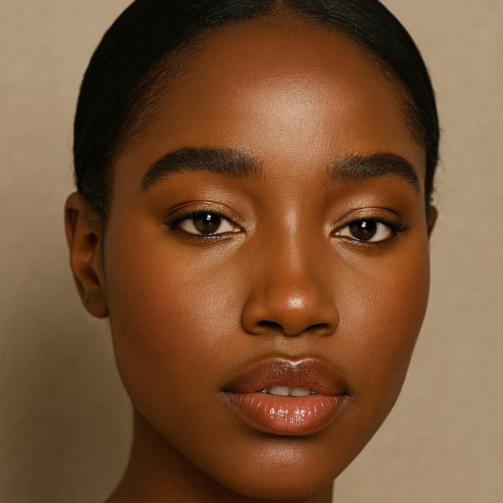 Close-up of woman wearing shimmery champagne eyeshadow for a radiant vacation makeup look.