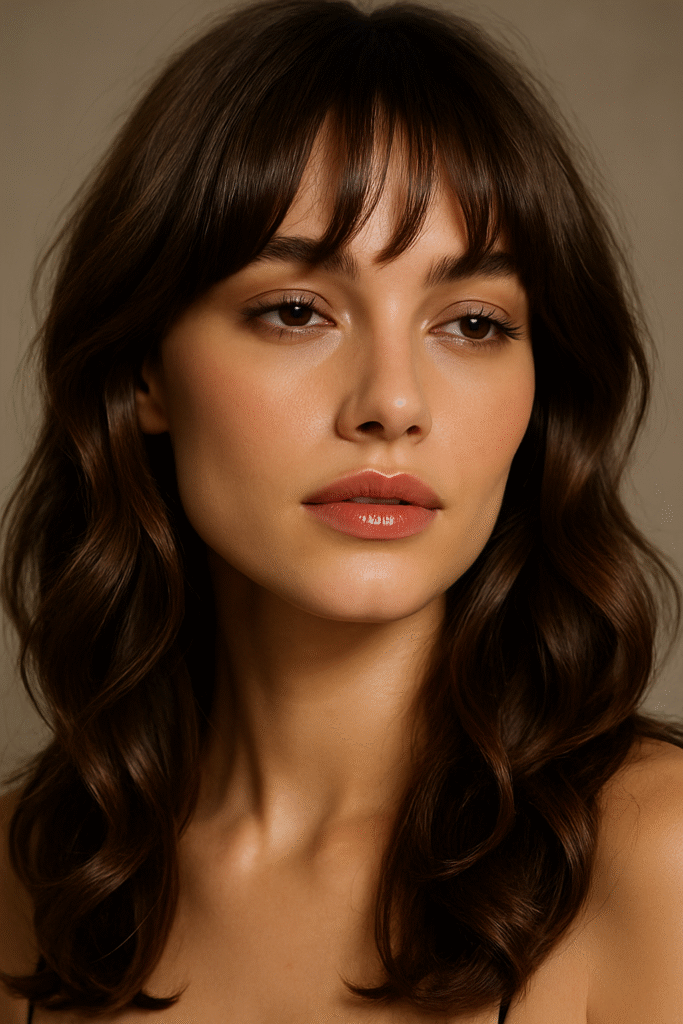Woman with soft face-framing fringe bangs styled in loose waves with glossy shine