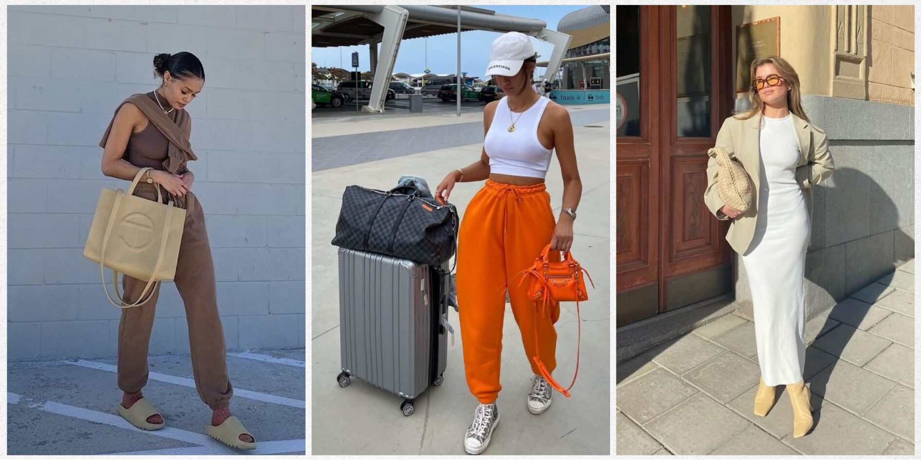 Chic summer airport outfit with neutral tones, oversized blazer, and carry-on suitcase in terminal setting