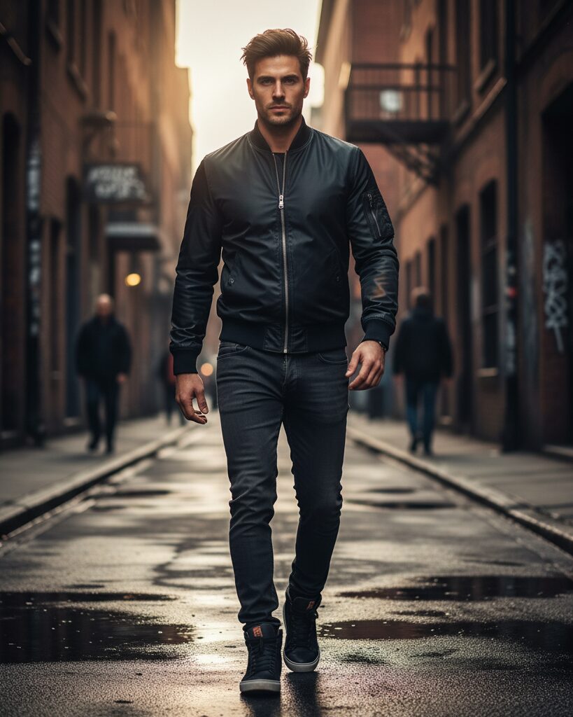Man wearing a dark bomber jacket walking outdoors in cinematic natural lighting.