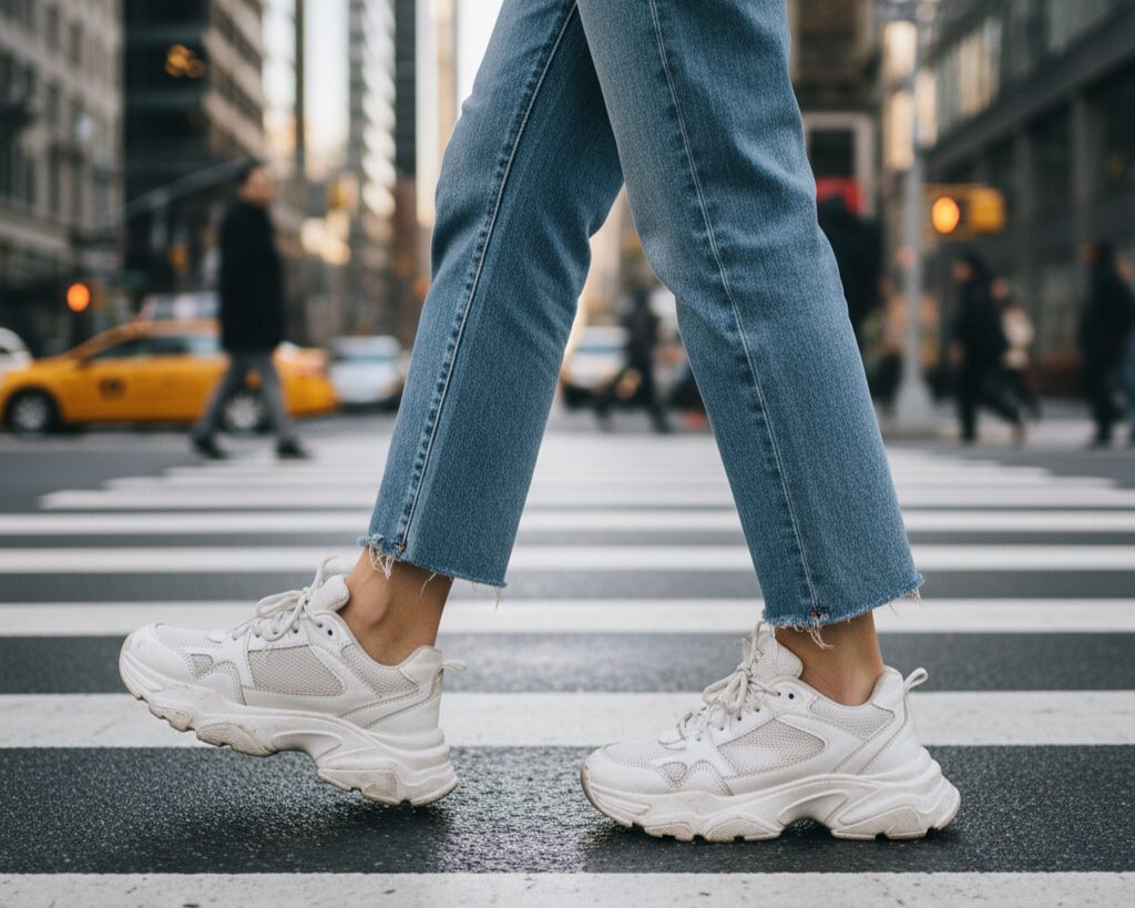 Cinematic street style photo of chunky white dad sneakers with thick soles, styled with cropped denim in an urban city background.