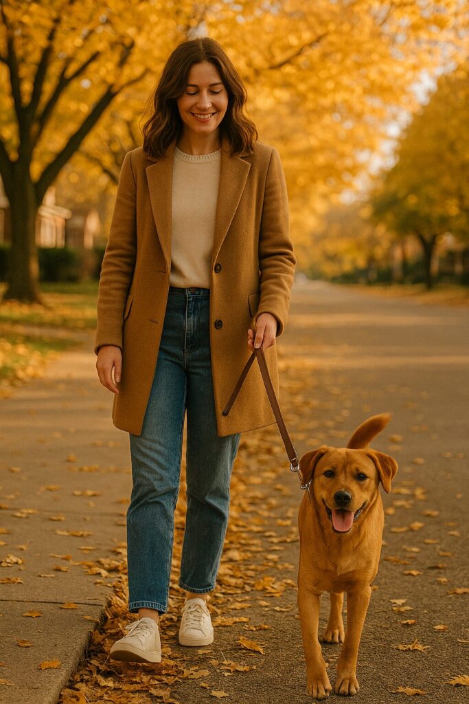 Woman walking her dog on a tree-lined autumn street with golden leaves.
