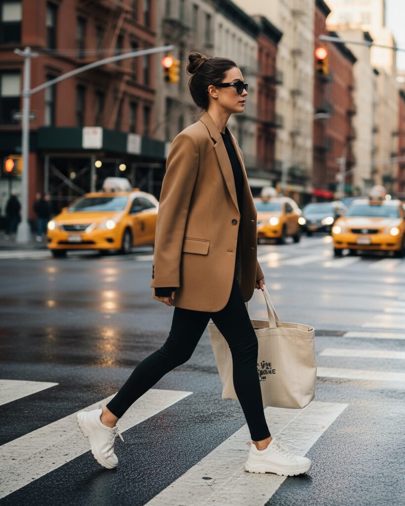 Cozy chic fall outfit with oversized blazer and leggings in NYC.