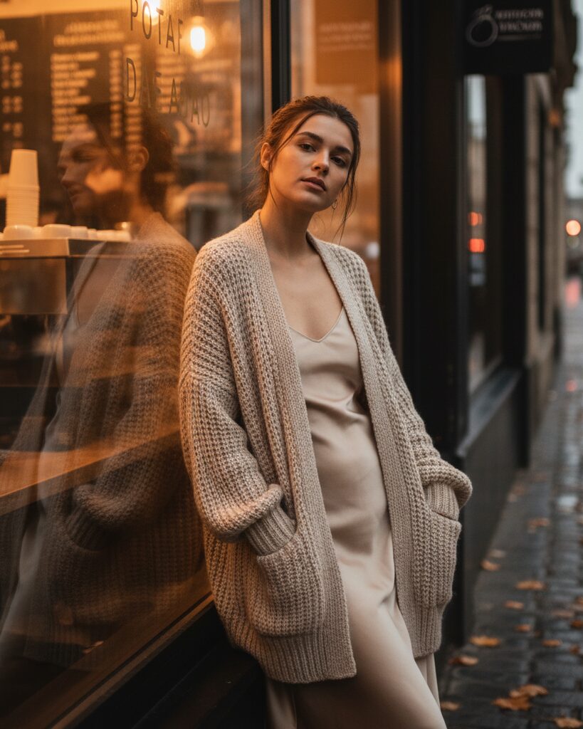 Cozy fall outfit with cardigan layered over satin slip dress.