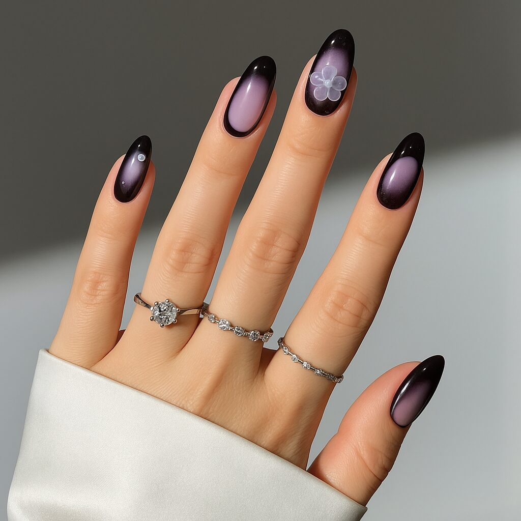 Deep purple aura nails with mismatched lilac accents and 3D details.