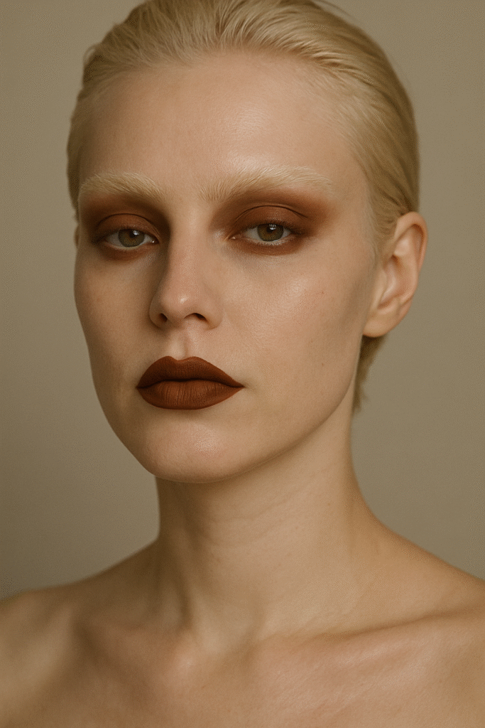Soft grunge makeup look with deep brown lipstick, monochrome brown eye makeup, and bleached brows — 90s inspired aesthetic.