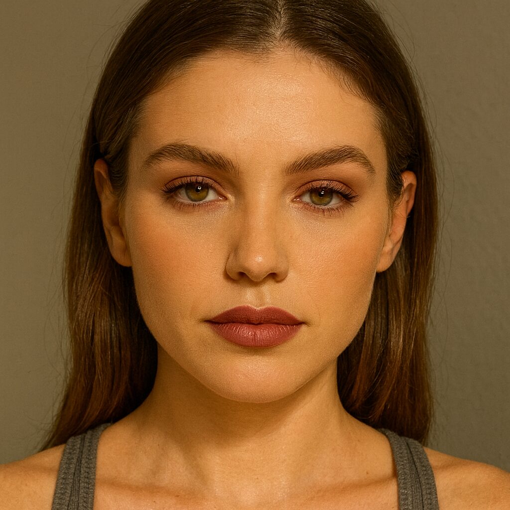 Close-up of woman with tight-lined eyeliner, subtle smoky eyeshadow, and glossy pink lips