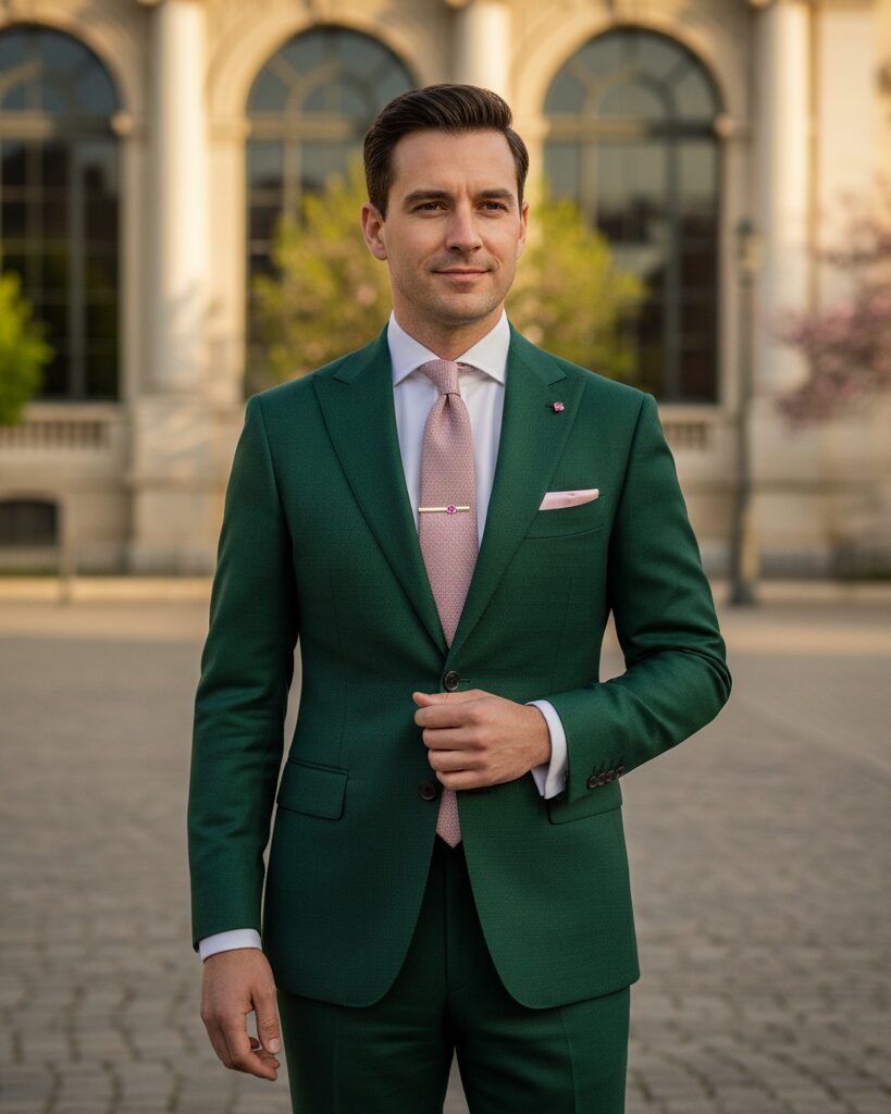 Man wearing a rakish green suit with subtle pink accents, standing outdoors in natural daylight.