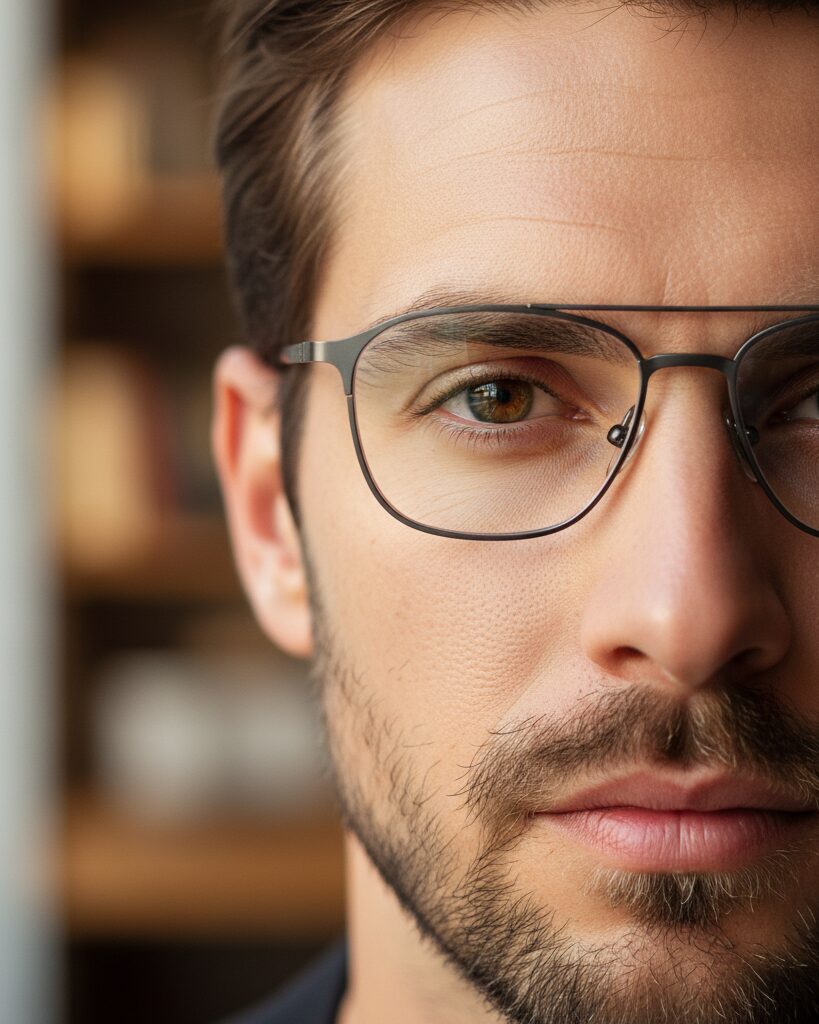 Close-up of a stylish man wearing modern eyeglasses, natural lighting focusing on frames.