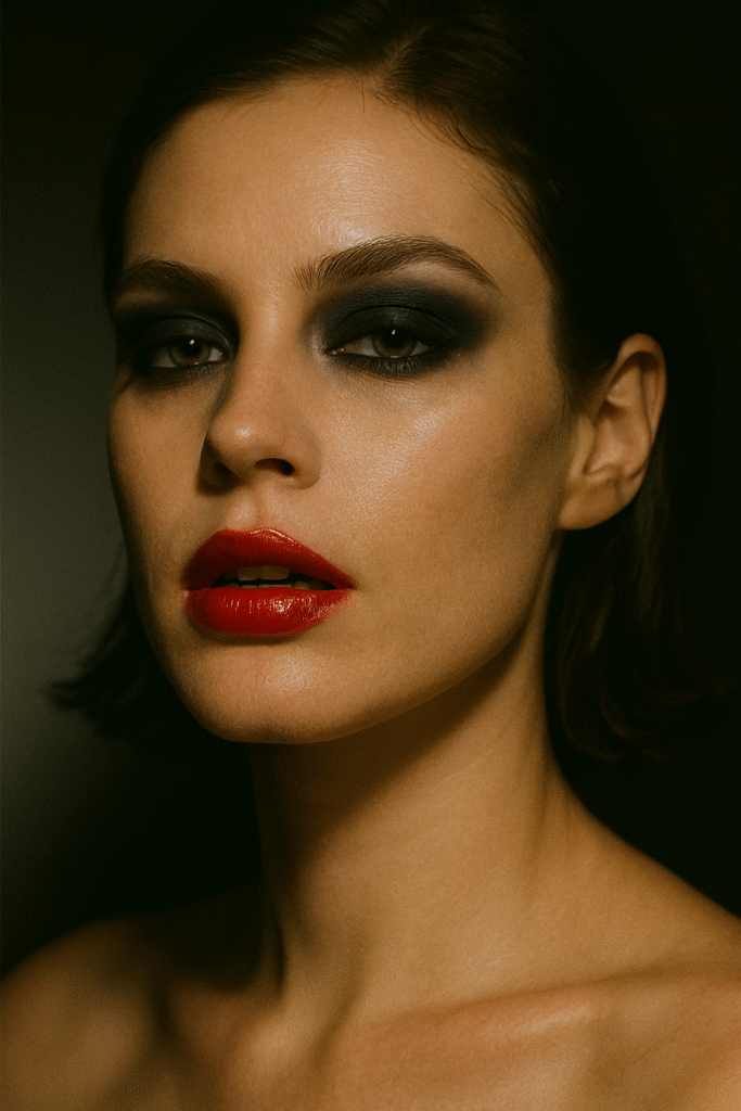 Smoky black soft grunge eye makeup paired with glossy bitten red lips, edgy punk-inspired glam look.