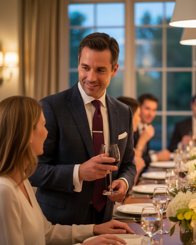 Man in a dark tailored suit at a formal dinner party, photographed in soft evening light.