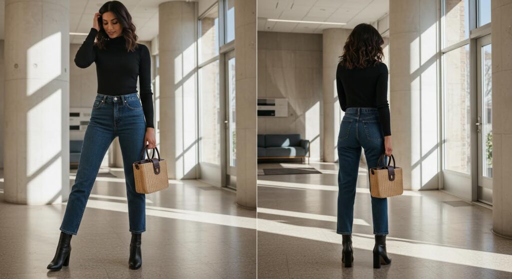 dark barrel jeans with black sweater and ankle boots, elevated office denim look