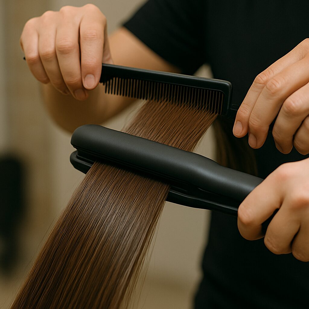 Flat iron styling fine hair sections with brush for smooth glass hair effect.
