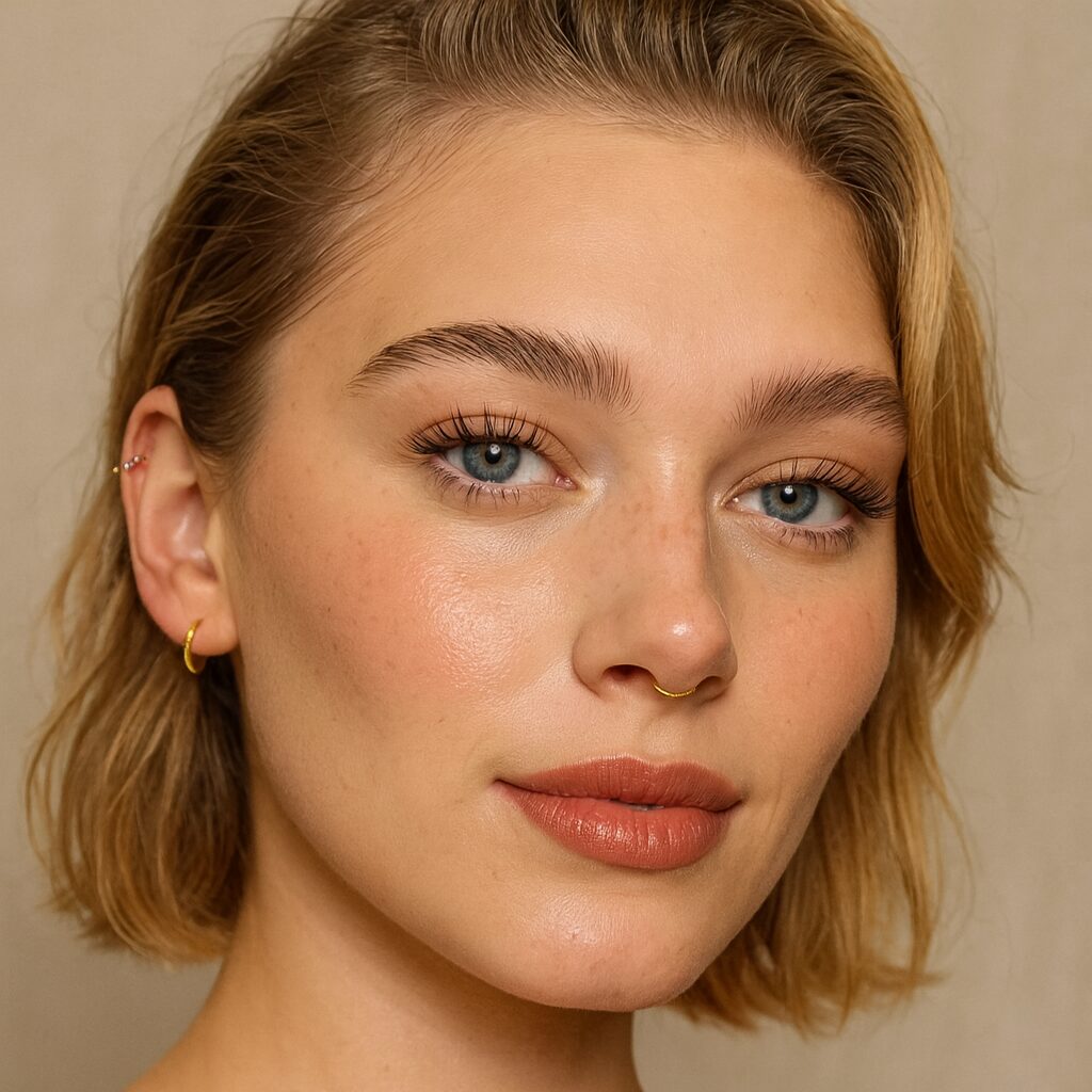 Fresh-faced vacation makeup with tinted moisturizer, mascara, and cream blush on cheeks.