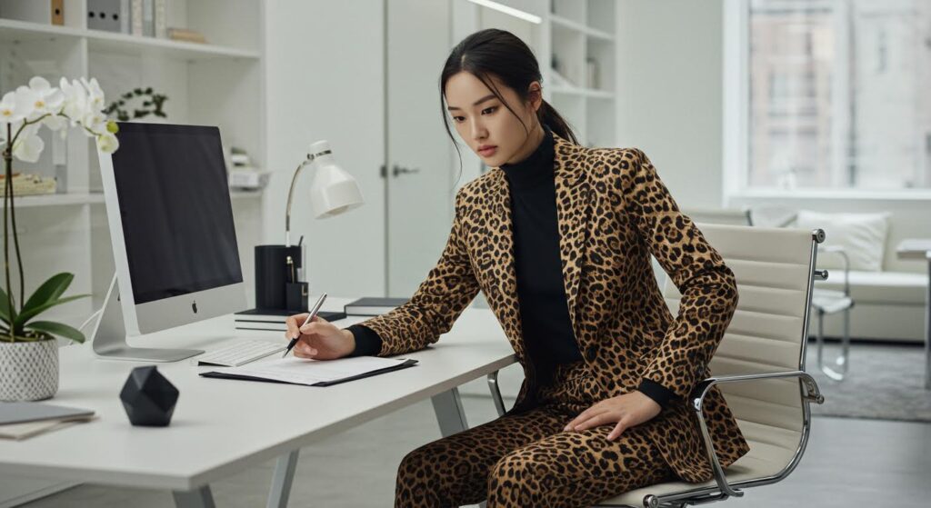 leopard print blazer and trousers with black turtleneck, office fashion trend