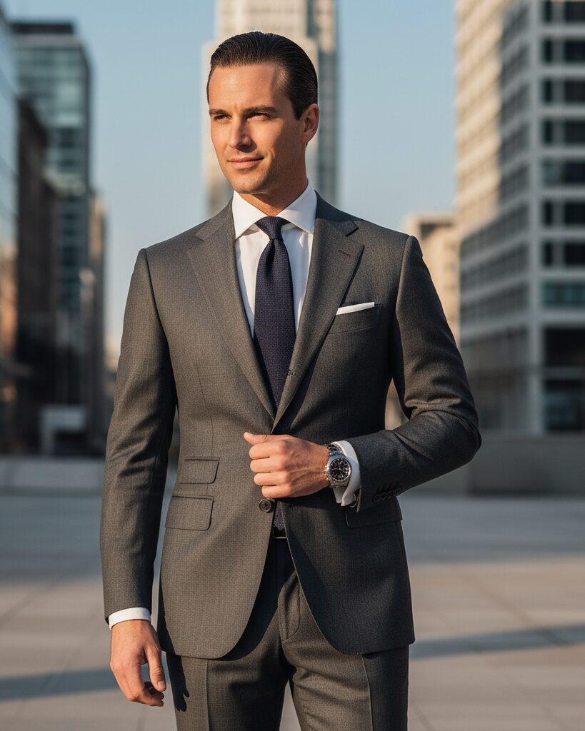 Man in a perfectly tailored dark two-button single-breasted suit, standing in natural light with confident posture