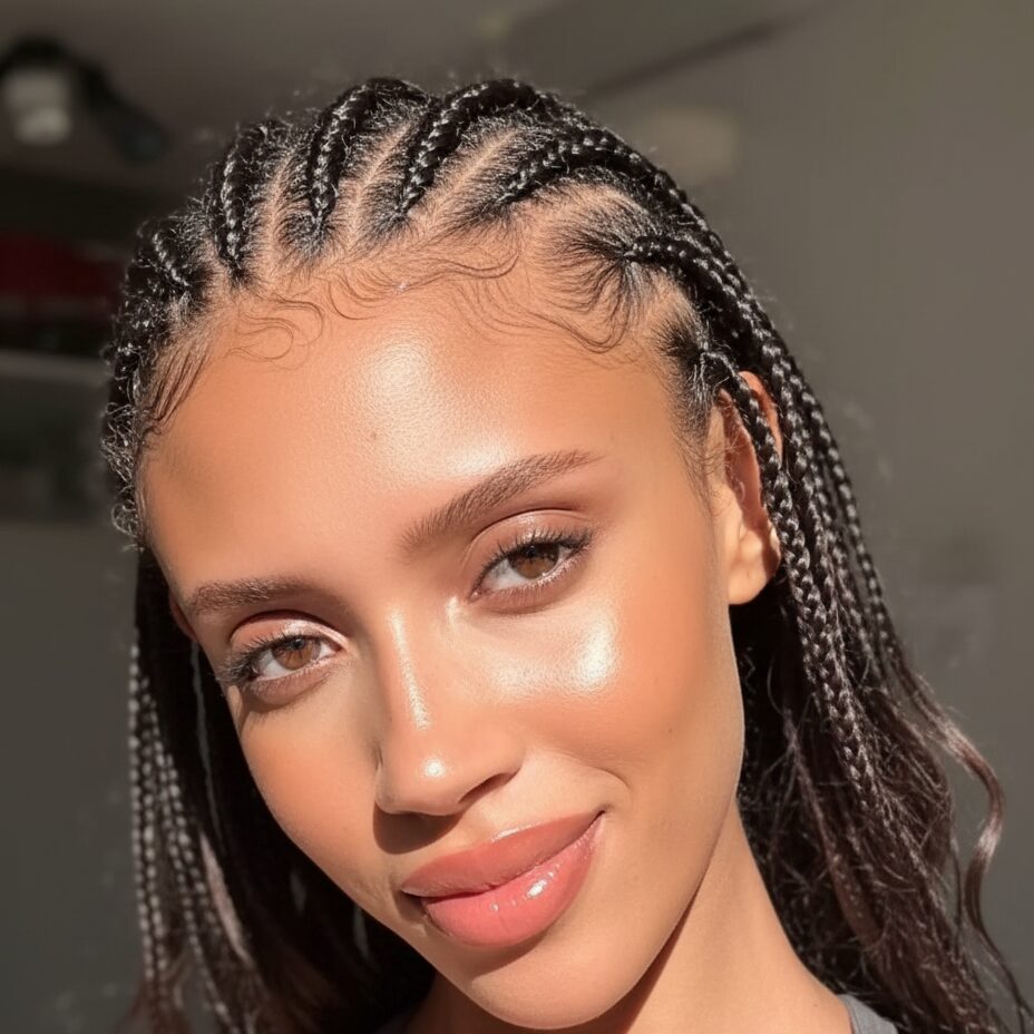 Woman with radiant vacation makeup, liquid highlighter on cheekbones and nose, glowing in golden hour sunlight.