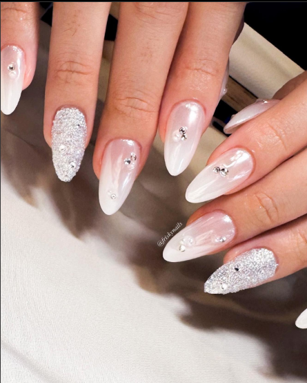 Hailey Bieber inspired glitter nails, micro French tips luxury manicure trend