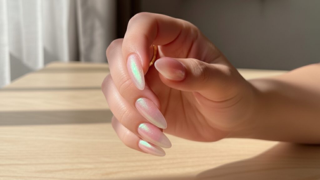Holographic manicure in pink and green shades with shimmer and fairy-tale glow