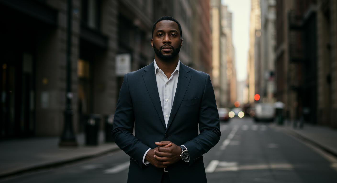 Stylish man in a tailored dark suit with white shirt and watch, standing confidently in an urban city setting.