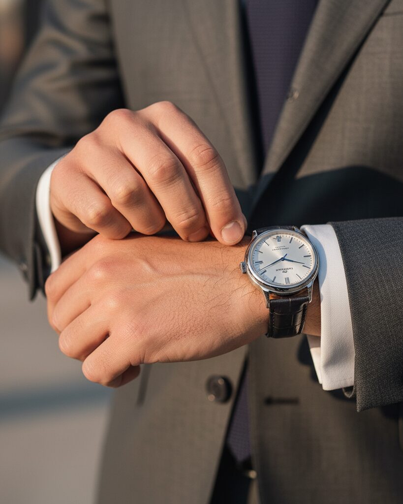 Close-up of a man adjusting a classic 40mm wristwatch on his wrist, ultra-realistic fashion detail.