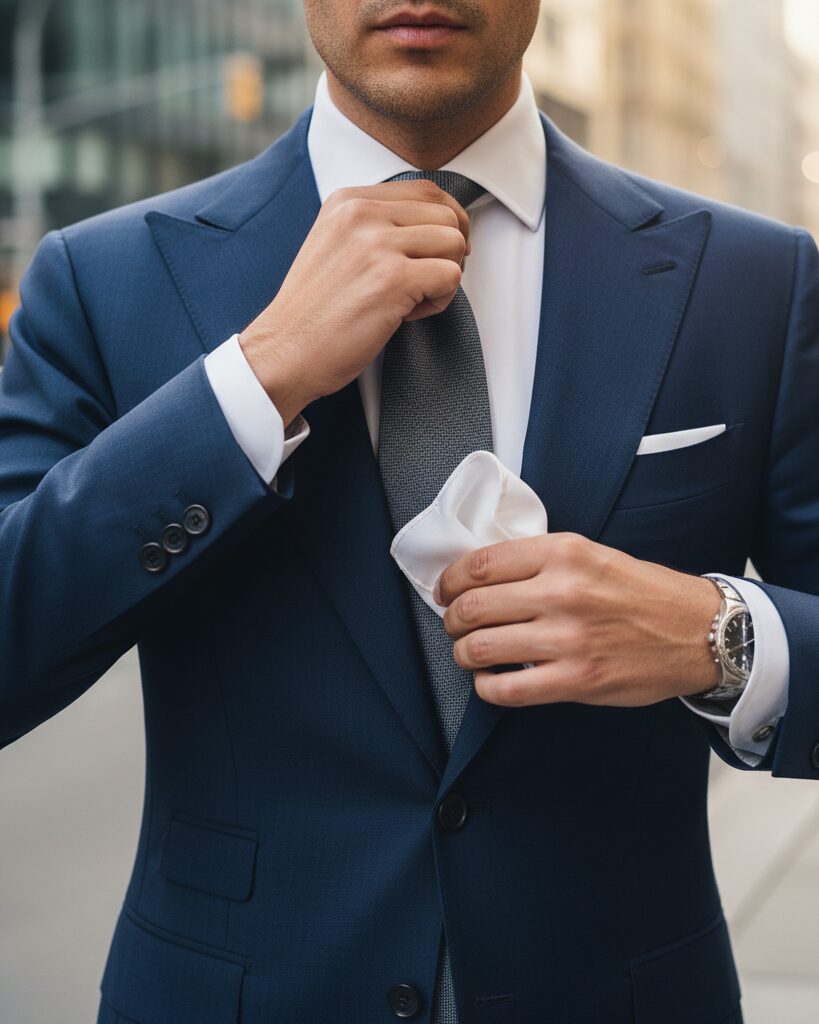 Man adjusting tie and pocket square in front of blurred city background, styled in natural lighting