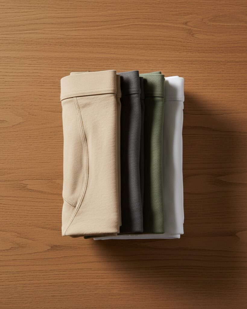 Flat-lay of neatly folded cotton boxer briefs in neutral tones on a wooden surface.